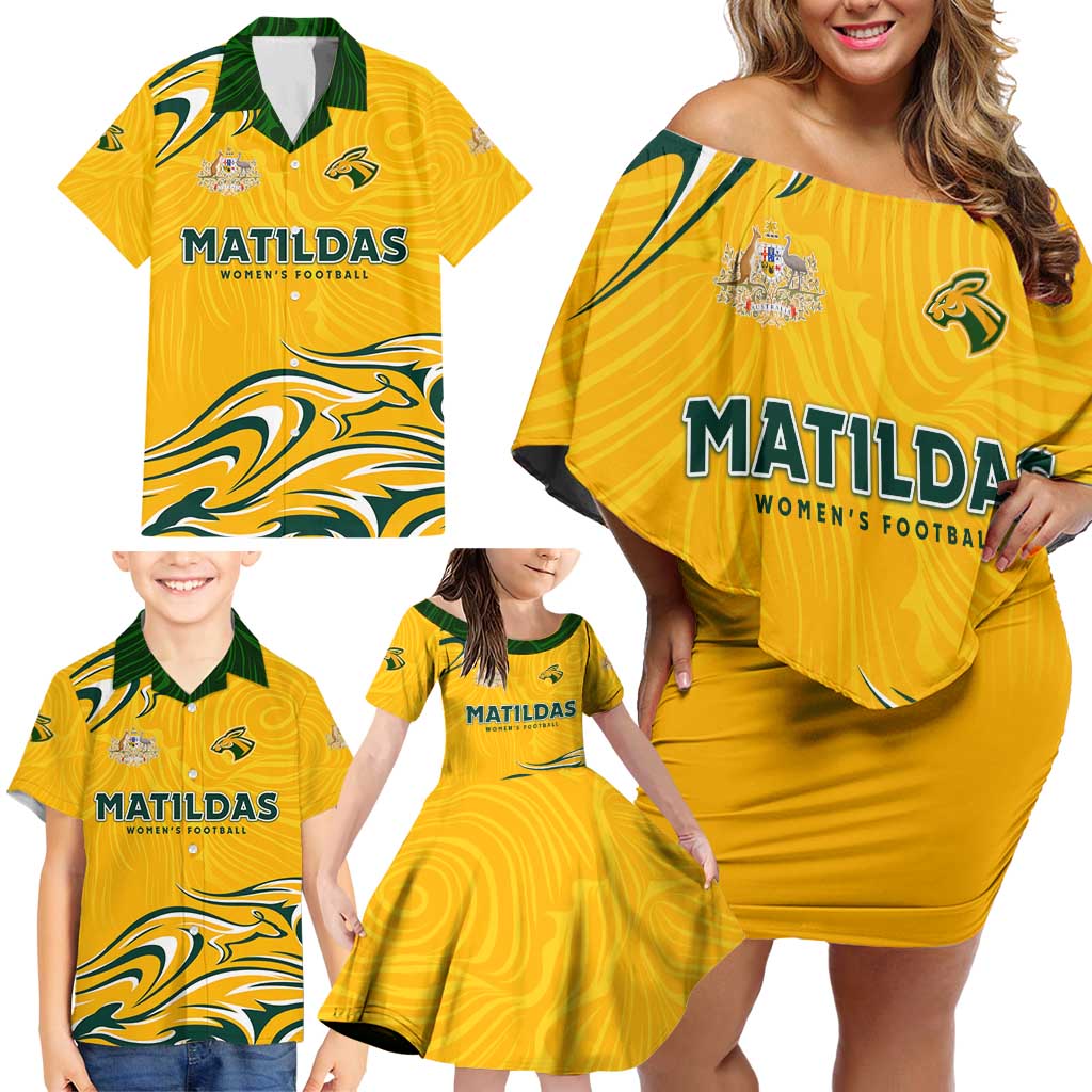 Personalised Australia Soccer Matildas Family Matching Off Shoulder Short Dress and Hawaiian Shirt Kangaroo Tornado Yellow DT02
