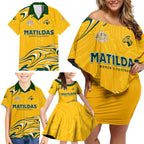 Personalised Australia Soccer Matildas Family Matching Off Shoulder Short Dress and Hawaiian Shirt Kangaroo Tornado Yellow DT02