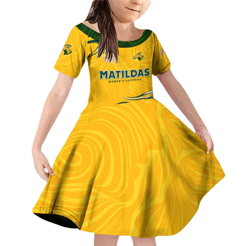 Personalised Australia Soccer Matildas Family Matching Off Shoulder Short Dress and Hawaiian Shirt Kangaroo Tornado Yellow DT02