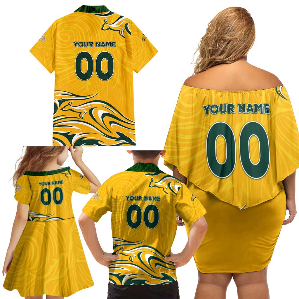 Personalised Australia Soccer Matildas Family Matching Off Shoulder Short Dress and Hawaiian Shirt Kangaroo Tornado Yellow DT02