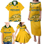 Personalised Australia Soccer Matildas Family Matching Puletasi and Hawaiian Shirt Kangaroo Tornado Yellow DT02
