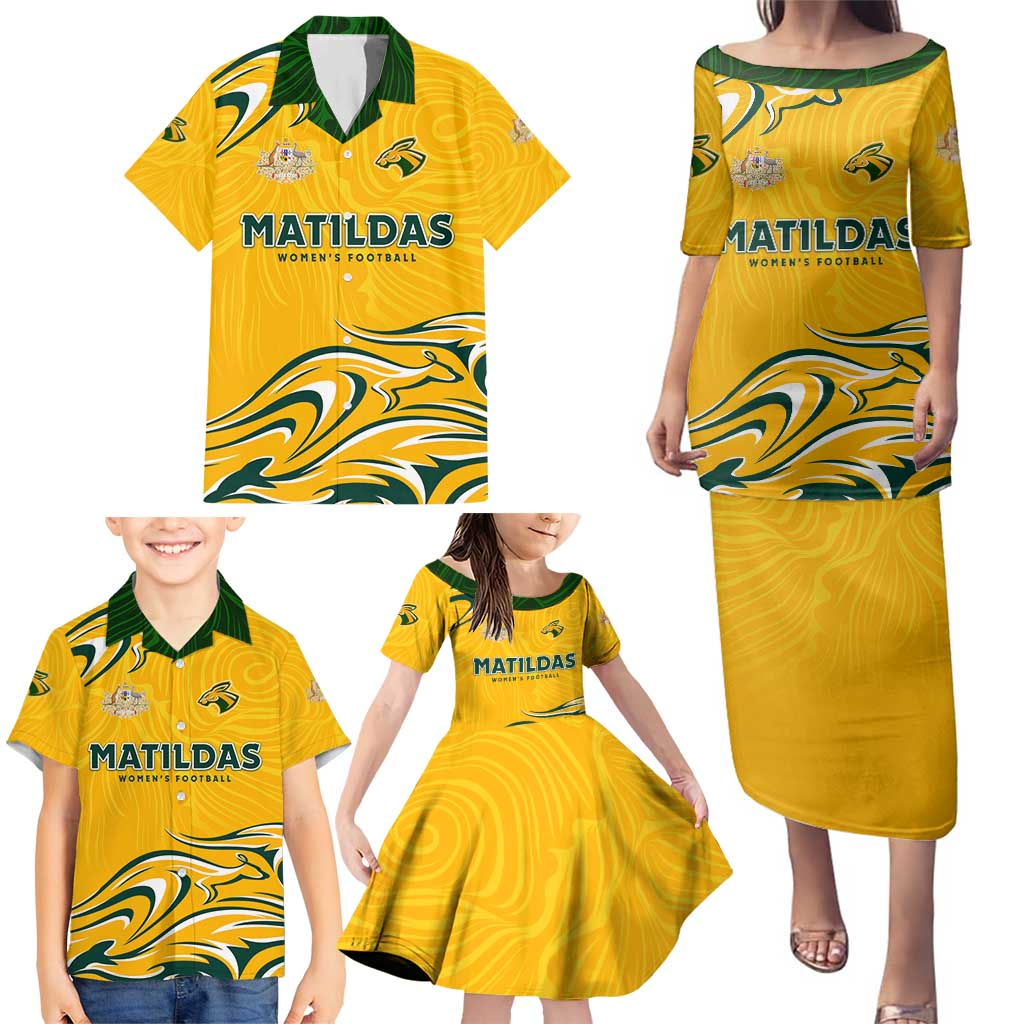 Personalised Australia Soccer Matildas Family Matching Puletasi and Hawaiian Shirt Kangaroo Tornado Yellow DT02