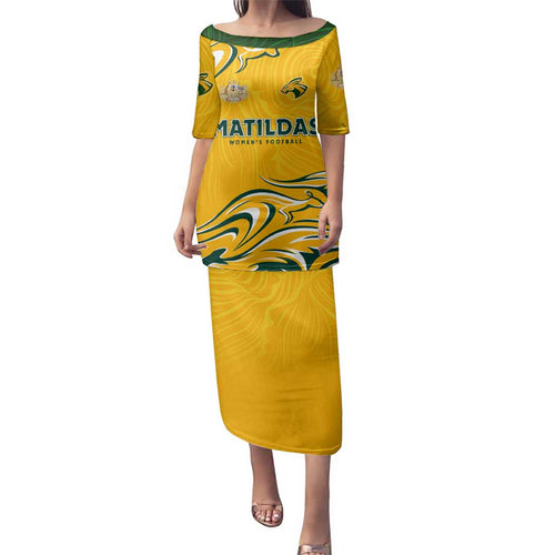 Personalised Australia Soccer Matildas Family Matching Puletasi and Hawaiian Shirt Kangaroo Tornado Yellow DT02