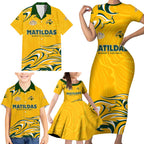 Personalised Australia Soccer Matildas Family Matching Short Sleeve Bodycon Dress and Hawaiian Shirt Kangaroo Tornado Yellow DT02
