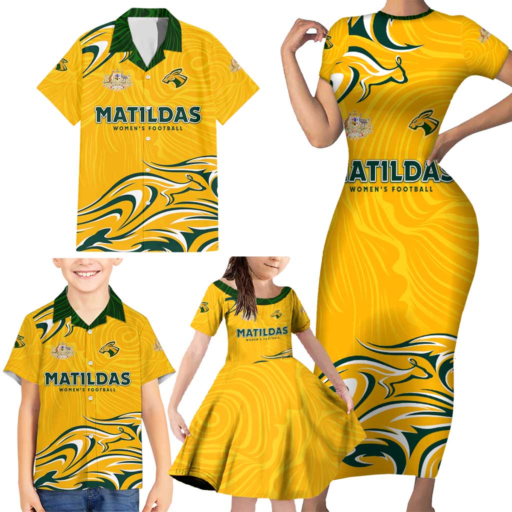 Personalised Australia Soccer Matildas Family Matching Short Sleeve Bodycon Dress and Hawaiian Shirt Kangaroo Tornado Yellow DT02