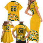 Personalised Australia Soccer Matildas Family Matching Short Sleeve Bodycon Dress and Hawaiian Shirt Kangaroo Tornado Yellow DT02