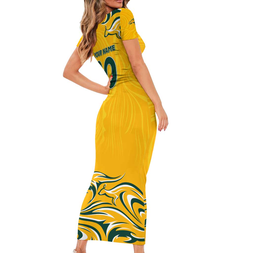 Personalised Australia Soccer Matildas Family Matching Short Sleeve Bodycon Dress and Hawaiian Shirt Kangaroo Tornado Yellow DT02