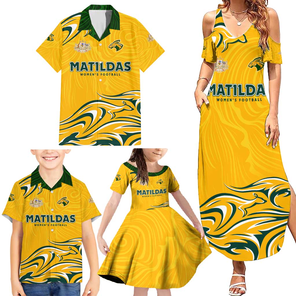 Personalised Australia Soccer Matildas Family Matching Summer Maxi Dress and Hawaiian Shirt Kangaroo Tornado Yellow DT02