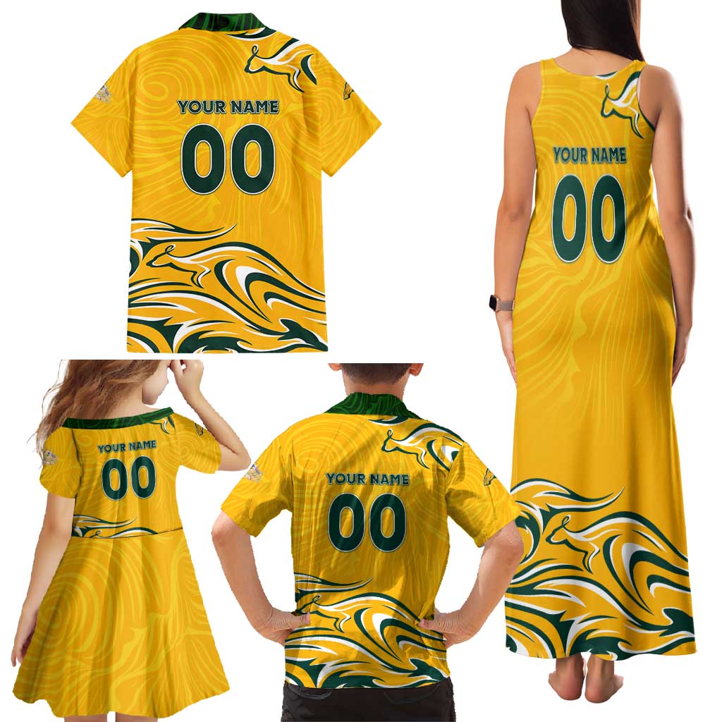 Personalised Australia Soccer Matildas Family Matching Tank Maxi Dress and Hawaiian Shirt Kangaroo Tornado Yellow DT02