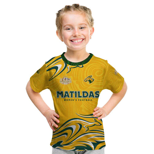 Personalised Australia Soccer Matildas Kid T Shirt Kangaroo Tornado Yellow DT02
