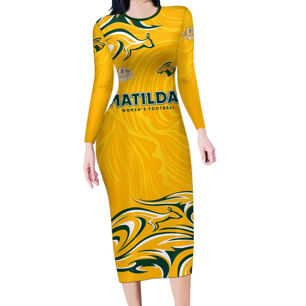 Personalised Australia Soccer Matildas Long Sleeve Bodycon Dress Kangaroo Tornado Yellow DT02