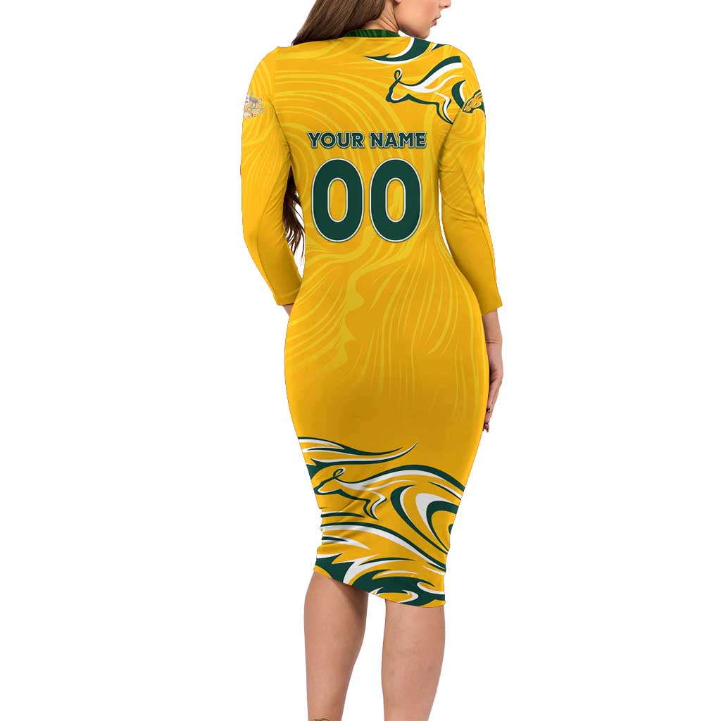 Personalised Australia Soccer Matildas Long Sleeve Bodycon Dress Kangaroo Tornado Yellow DT02