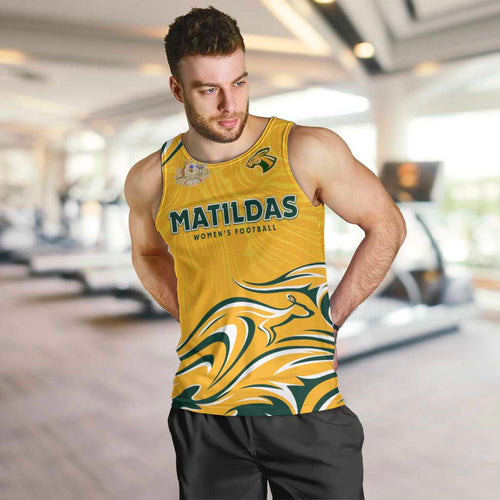 Personalised Australia Soccer Matildas Men Tank Top Kangaroo Tornado Yellow DT02