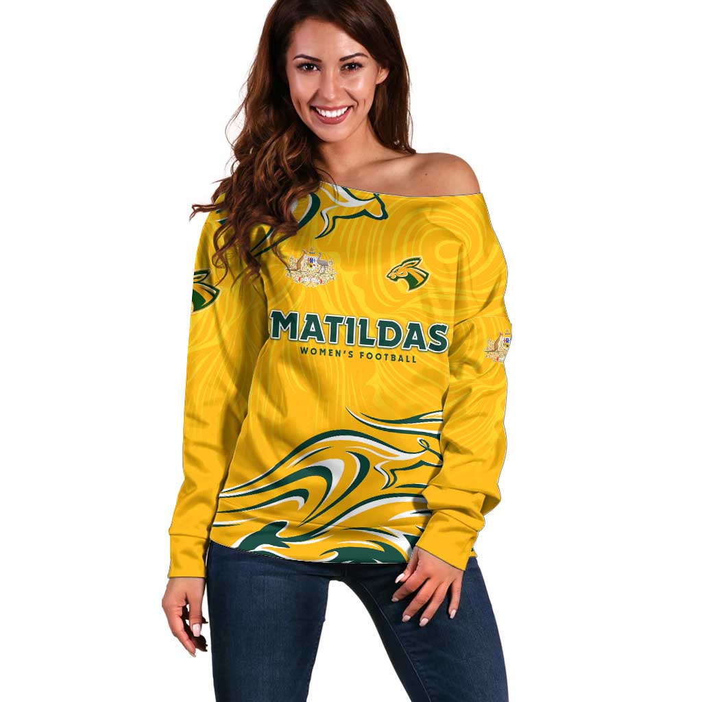 Personalised Australia Soccer Matildas Off Shoulder Sweater Kangaroo Tornado Yellow DT02