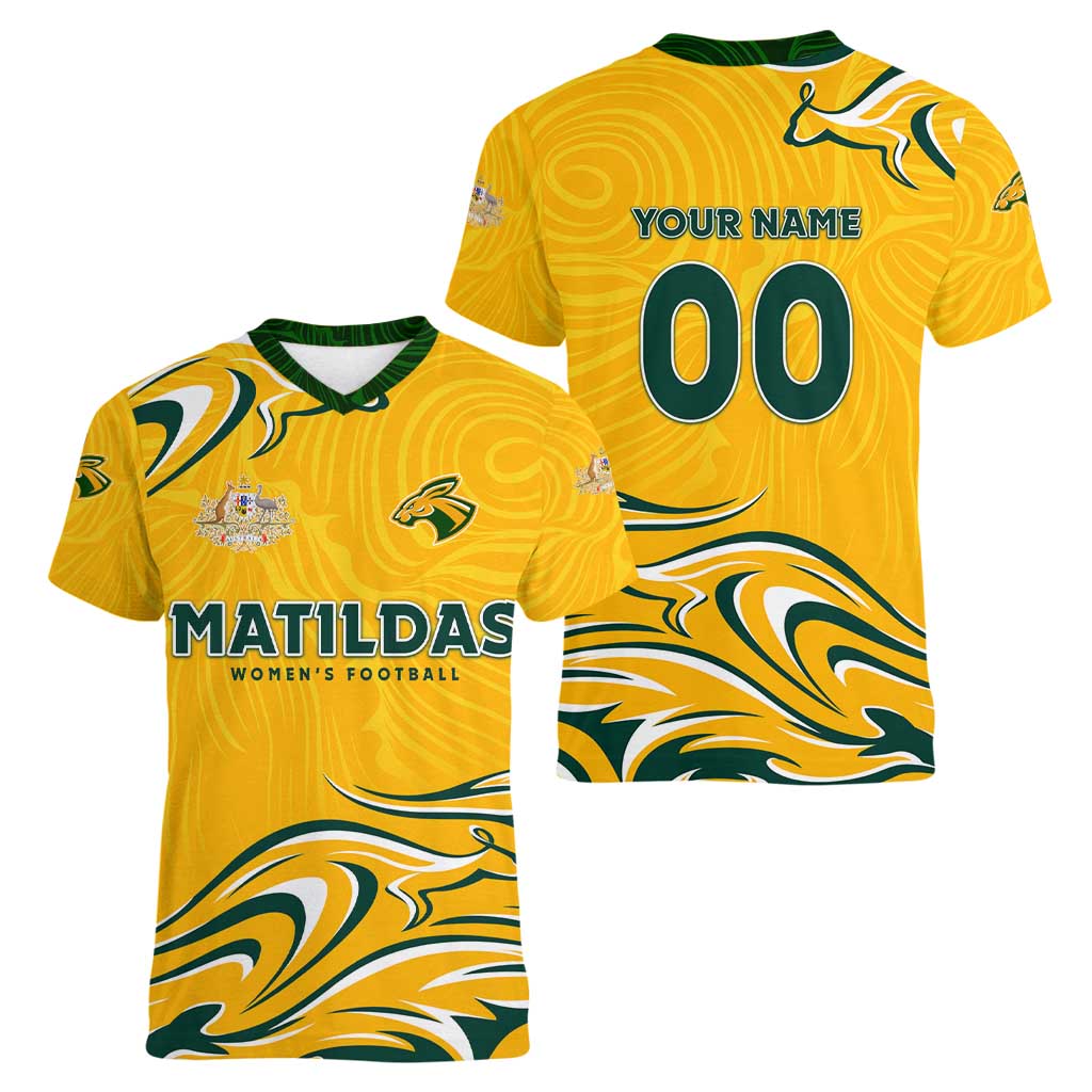 Personalised Australia Soccer Matildas Women V-Neck T-Shirt Kangaroo Tornado Yellow DT02