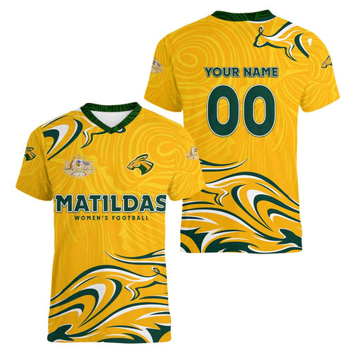 Personalised Australia Soccer Matildas Women V-Neck T-Shirt Kangaroo Tornado Yellow DT02