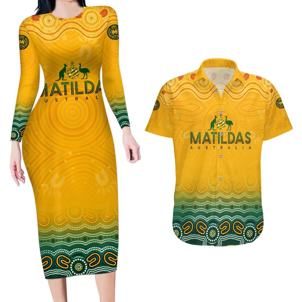 Personalised Australia Matildas Couples Matching Long Sleeve Bodycon Dress and Hawaiian Shirt Tillies Aboriginal Simple Yellow