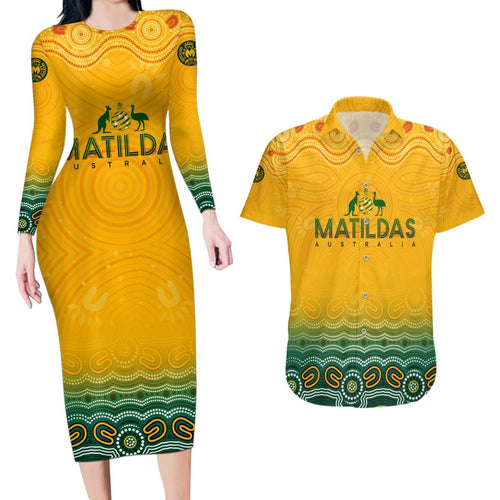 Personalised Australia Matildas Couples Matching Long Sleeve Bodycon Dress and Hawaiian Shirt Tillies Aboriginal Simple Yellow