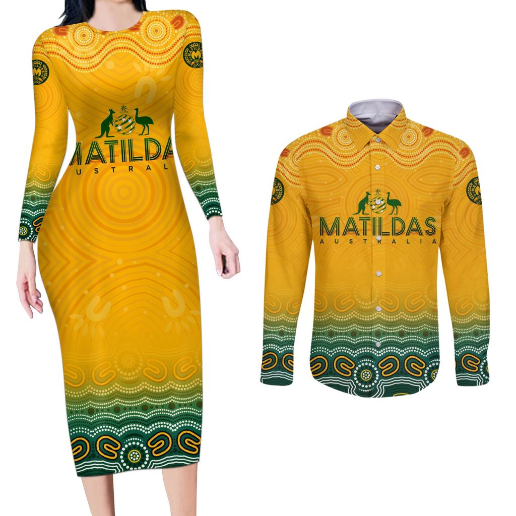 Personalised Australia Matildas Couples Matching Long Sleeve Bodycon Dress and Long Sleeve Button Shirt Tillies Aboriginal Simple Yellow
