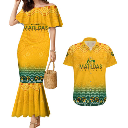 Personalised Australia Matildas Couples Matching Mermaid Dress and Hawaiian Shirt Tillies Aboriginal Simple Yellow