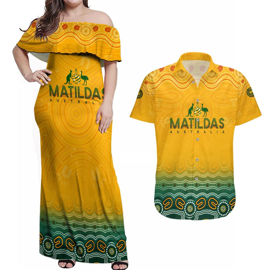 Personalised Australia Matildas Couples Matching Off Shoulder Maxi Dress and Hawaiian Shirt Tillies Aboriginal Simple Yellow