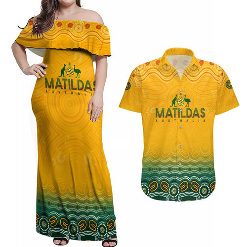 Personalised Australia Matildas Couples Matching Off Shoulder Maxi Dress and Hawaiian Shirt Tillies Aboriginal Simple Yellow