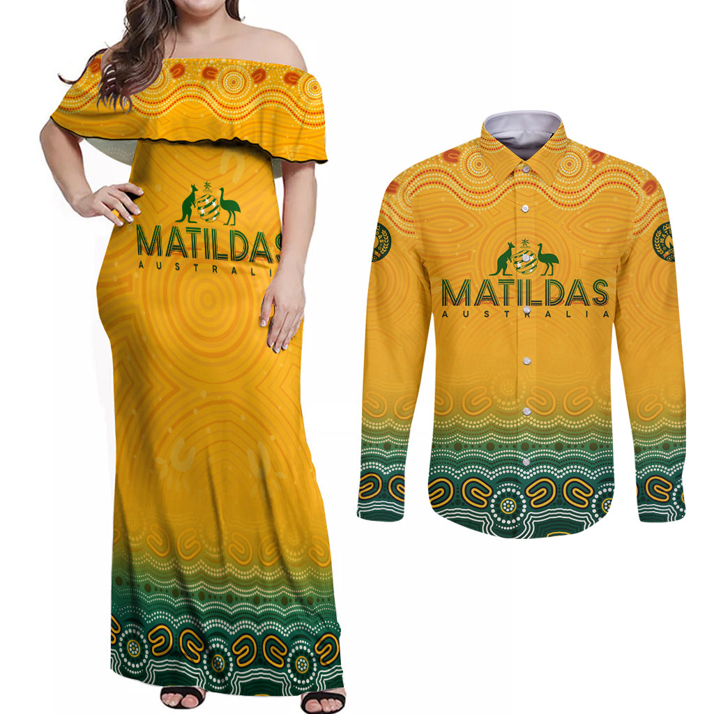 Personalised Australia Matildas Couples Matching Off Shoulder Maxi Dress and Long Sleeve Button Shirt Tillies Aboriginal Simple Yellow