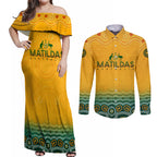 Personalised Australia Matildas Couples Matching Off Shoulder Maxi Dress and Long Sleeve Button Shirt Tillies Aboriginal Simple Yellow