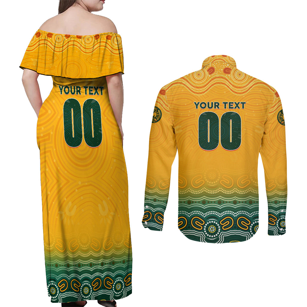 Personalised Australia Matildas Couples Matching Off Shoulder Maxi Dress and Long Sleeve Button Shirt Tillies Aboriginal Simple Yellow