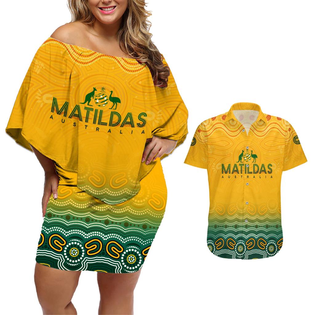Personalised Australia Matildas Couples Matching Off Shoulder Short Dress and Hawaiian Shirt Tillies Aboriginal Simple Yellow