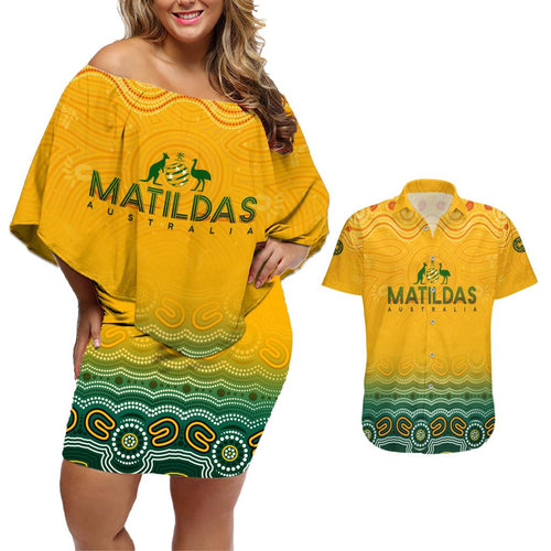 Personalised Australia Matildas Couples Matching Off Shoulder Short Dress and Hawaiian Shirt Tillies Aboriginal Simple Yellow