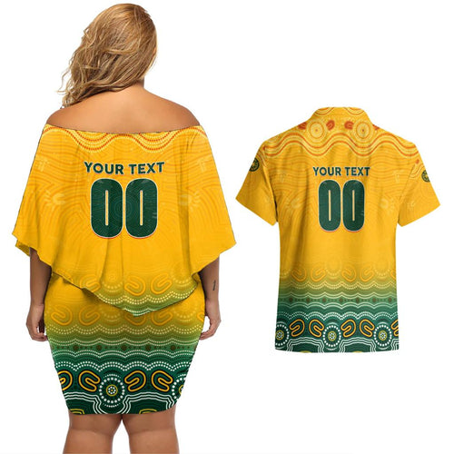 Personalised Australia Matildas Couples Matching Off Shoulder Short Dress and Hawaiian Shirt Tillies Aboriginal Simple Yellow