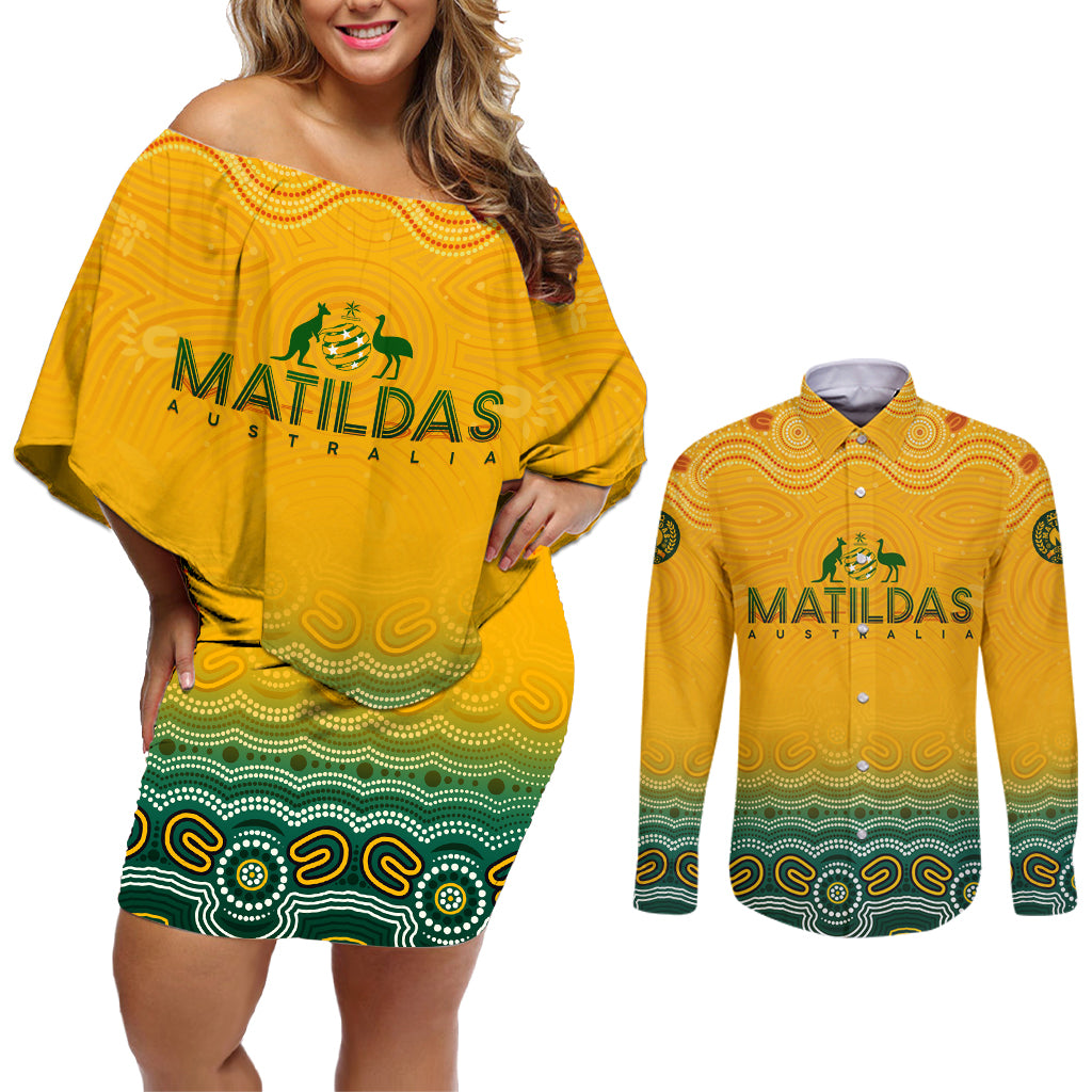 Personalised Australia Matildas Couples Matching Off Shoulder Short Dress and Long Sleeve Button Shirt Tillies Aboriginal Simple Yellow