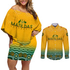 Personalised Australia Matildas Couples Matching Off Shoulder Short Dress and Long Sleeve Button Shirt Tillies Aboriginal Simple Yellow
