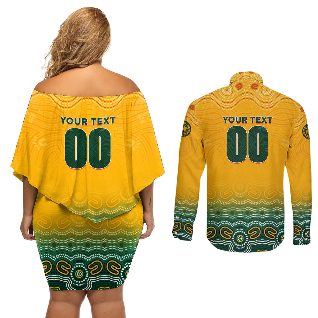 Personalised Australia Matildas Couples Matching Off Shoulder Short Dress and Long Sleeve Button Shirt Tillies Aboriginal Simple Yellow
