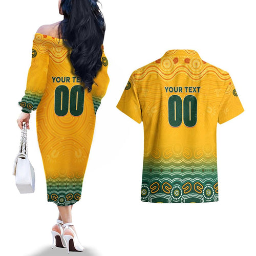 Personalised Australia Matildas Couples Matching Off The Shoulder Long Sleeve Dress and Hawaiian Shirt Tillies Aboriginal Simple Yellow