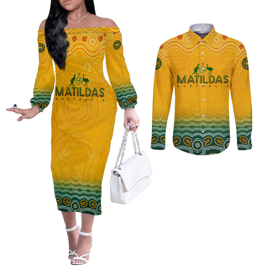 Personalised Australia Matildas Couples Matching Off The Shoulder Long Sleeve Dress and Long Sleeve Button Shirt Tillies Aboriginal Simple Yellow