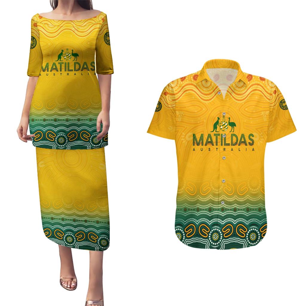 Personalised Australia Matildas Couples Matching Puletasi and Hawaiian Shirt Tillies Aboriginal Simple Yellow