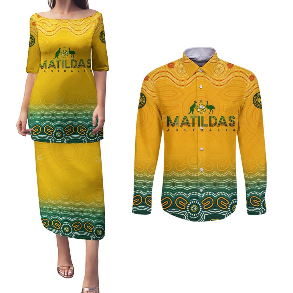 Personalised Australia Matildas Couples Matching Puletasi and Long Sleeve Button Shirt Tillies Aboriginal Simple Yellow