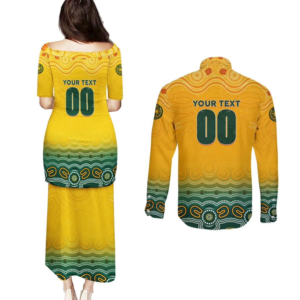Personalised Australia Matildas Couples Matching Puletasi and Long Sleeve Button Shirt Tillies Aboriginal Simple Yellow