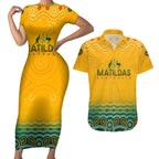 Personalised Australia Matildas Couples Matching Short Sleeve Bodycon Dress and Hawaiian Shirt Tillies Aboriginal Simple Yellow