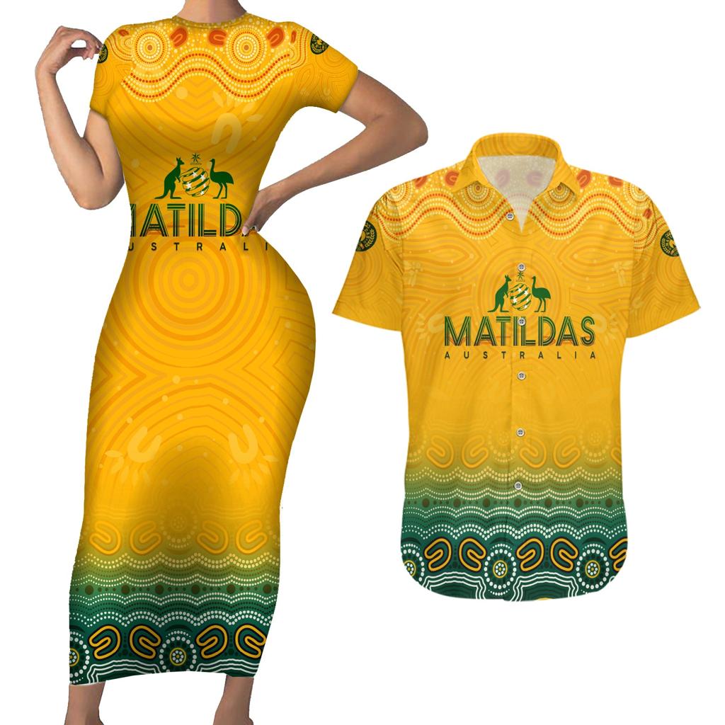 Personalised Australia Matildas Couples Matching Short Sleeve Bodycon Dress and Hawaiian Shirt Tillies Aboriginal Simple Yellow