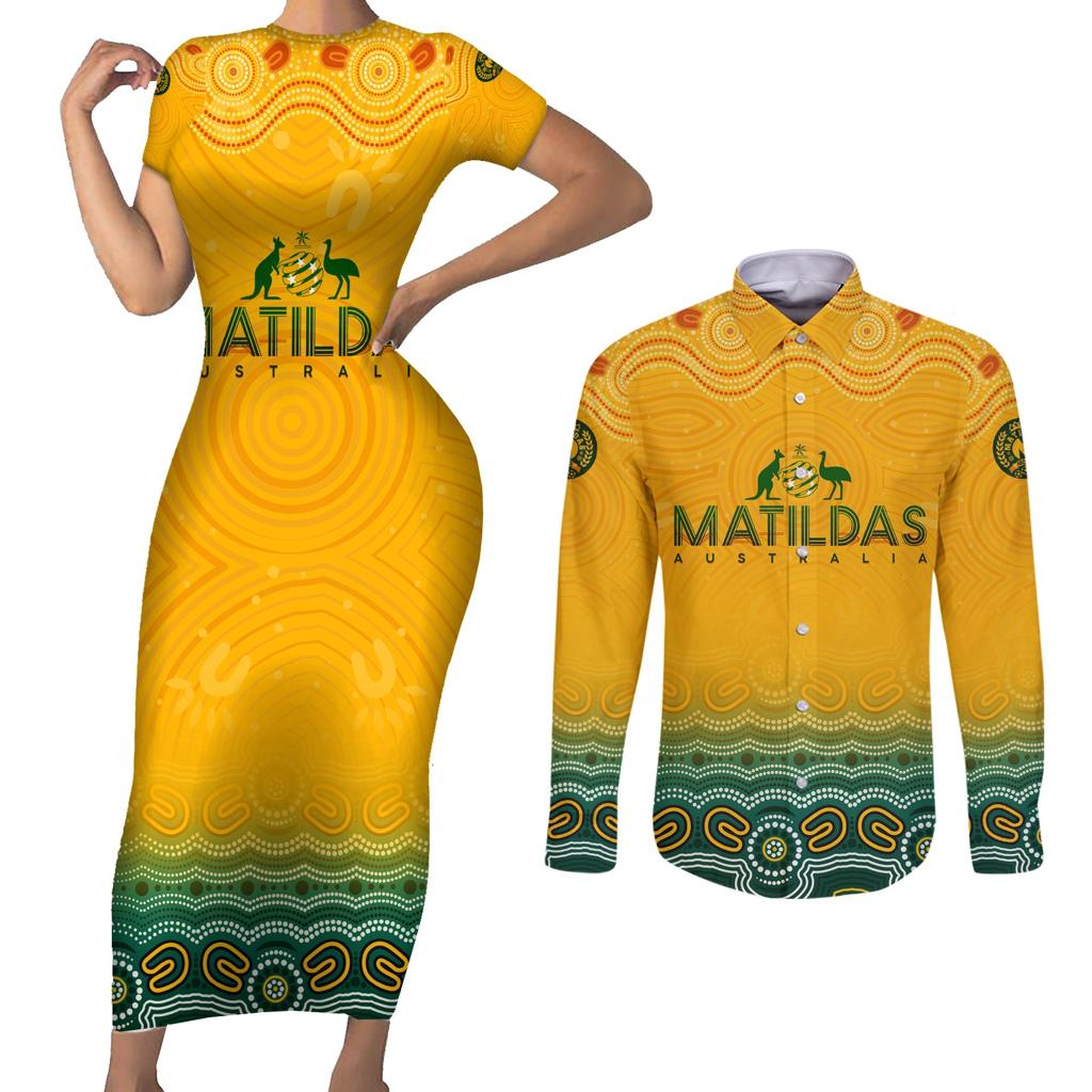 Personalised Australia Matildas Couples Matching Short Sleeve Bodycon Dress and Long Sleeve Button Shirt Tillies Aboriginal Simple Yellow