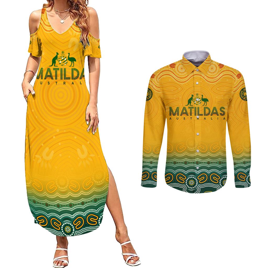 Personalised Australia Matildas Couples Matching Summer Maxi Dress and Long Sleeve Button Shirt Tillies Aboriginal Simple Yellow