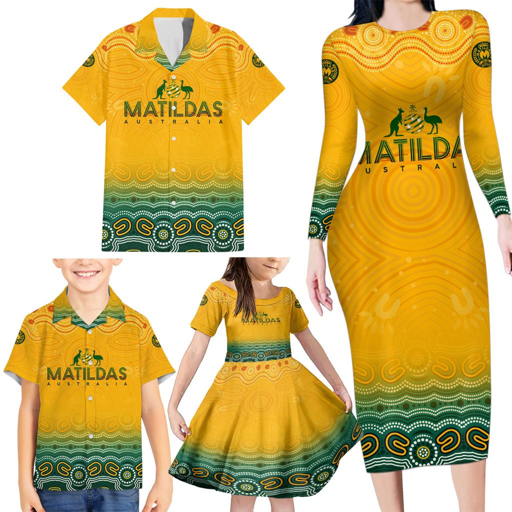 Personalised Australia Matildas Family Matching Long Sleeve Bodycon Dress and Hawaiian Shirt Tillies Aboriginal Simple Yellow