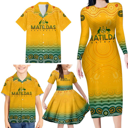 Personalised Australia Matildas Family Matching Long Sleeve Bodycon Dress and Hawaiian Shirt Tillies Aboriginal Simple Yellow