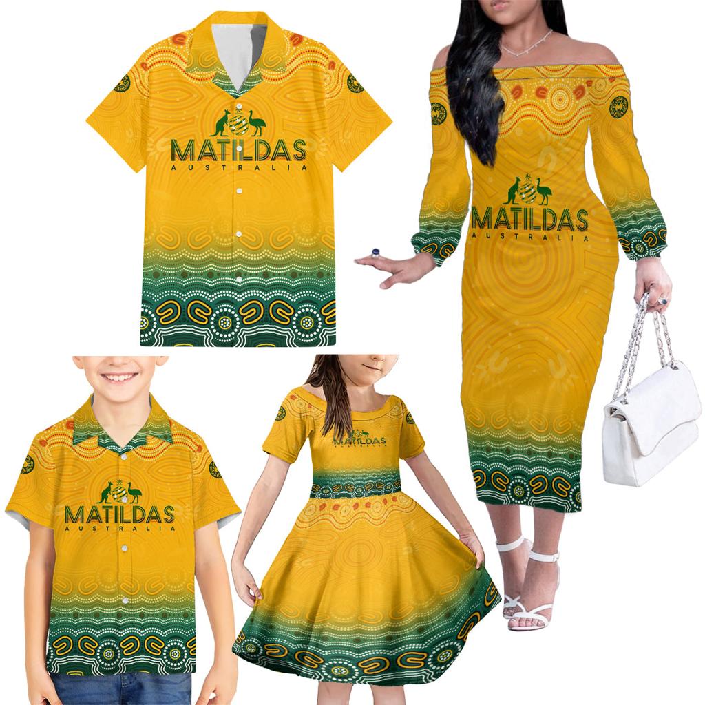 Personalised Australia Matildas Family Matching Off The Shoulder Long Sleeve Dress and Hawaiian Shirt Tillies Aboriginal Simple Yellow