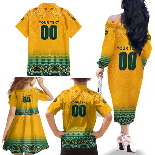 Personalised Australia Matildas Family Matching Off The Shoulder Long Sleeve Dress and Hawaiian Shirt Tillies Aboriginal Simple Yellow