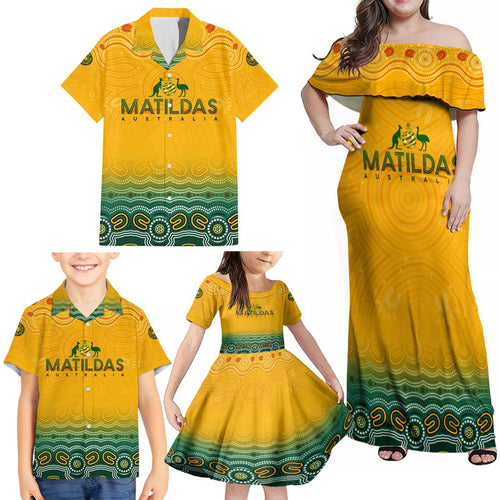 Personalised Australia Matildas Family Matching Off Shoulder Maxi Dress and Hawaiian Shirt Tillies Aboriginal Simple Yellow