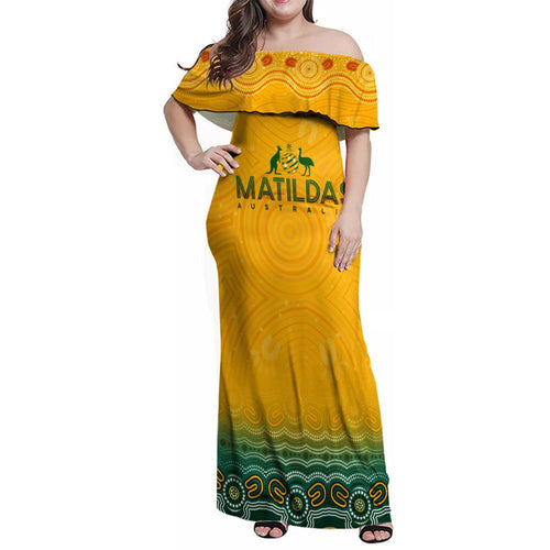 Personalised Australia Matildas Family Matching Off Shoulder Maxi Dress and Hawaiian Shirt Tillies Aboriginal Simple Yellow